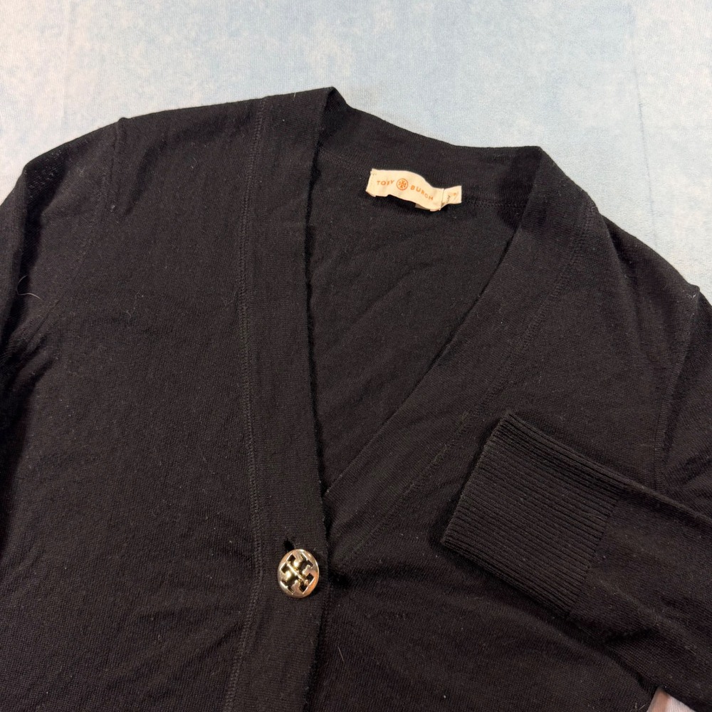 Tory Burch Cardigan Women S Black Fair Merino Wool Gold Logo Buttons Missing